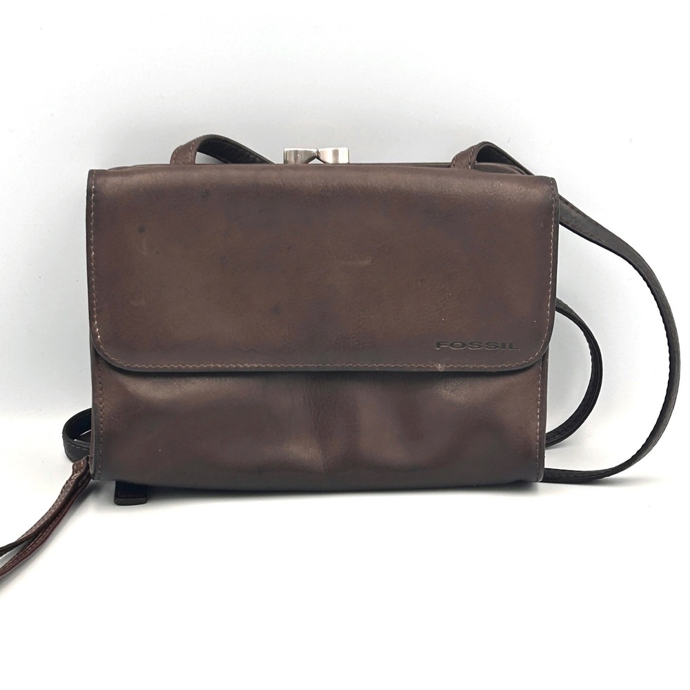 Vintage Fossil Brown Leather Crossbody Organizer Wallet Bag Kiss  Lock Y2K